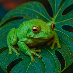 Green Frog Tropical Leaf Golden Eyes Wildlife with Exotic Rainforest Jungle Background