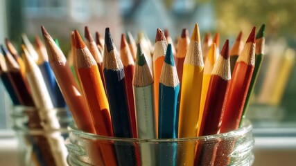 Ultra HD Closeup of sharpened colored pencils in glass jars with soft background light video - Powered by Adobe