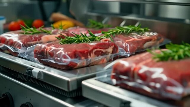 Fresh meat in vacuum packaging with herbs on a metal table is suitable for culinary blogs or product advertising, creating an appetising background.
