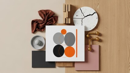 Modern interior design mood board featuring abstract art, natural textures, and a harmonious color palette