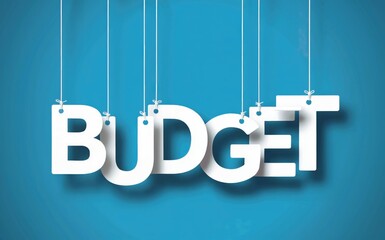 White capital letters spelling the word BUDGET are suspended by thin white strings against a bright azure blue background Each letter casts a soft shadow creating a sense of depth and dimension for an