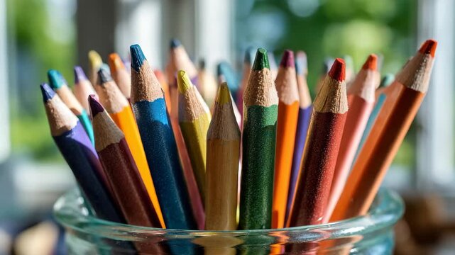Ultra HD Closeup of sharpened colored pencils in a glass jar with blurred green background video
