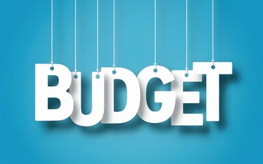 The word BUDGET in bold white capital letters hanging from delicate white strings against a bright clear blue background with soft shadow effects creating a modern clean and organized financial planni