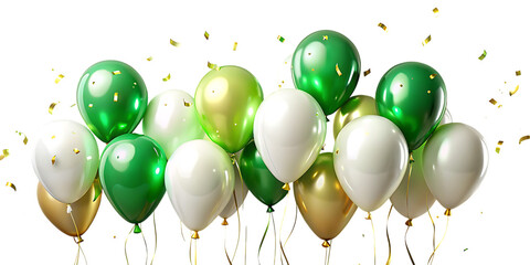 Green white and gold balloons with confetti on white isolated on a transparent background