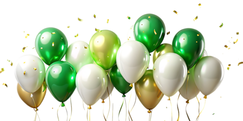 Green white and gold balloons with confetti on white isolated on a transparent background