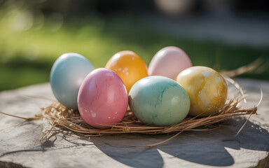 Happy easter sunday eggs in a nest on a stone table outdoor decoration