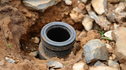 Close-up view of dark circular pipe opening in ground, surrounded by dirt and rocks, underground infrastructure, excavation site, with copy space