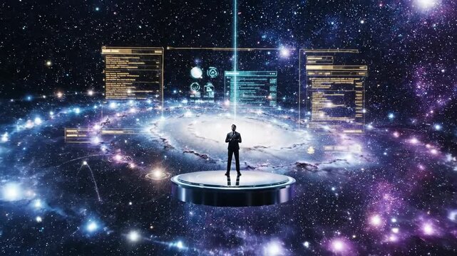 Chief Strategy Officer Maps Out Future with Digital Holograms Amidst Vast Celestial Galaxy