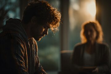 Psychological help service. Depressed male patient having psychotherapy session with counselor at mental health clinic