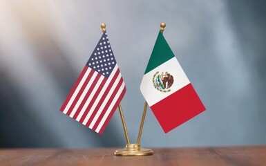 United States of America and Mexico national flags displayed side by side on a wooden desk Soft light illuminates the vibrant colors against a blurred background symbolizing international relations di
