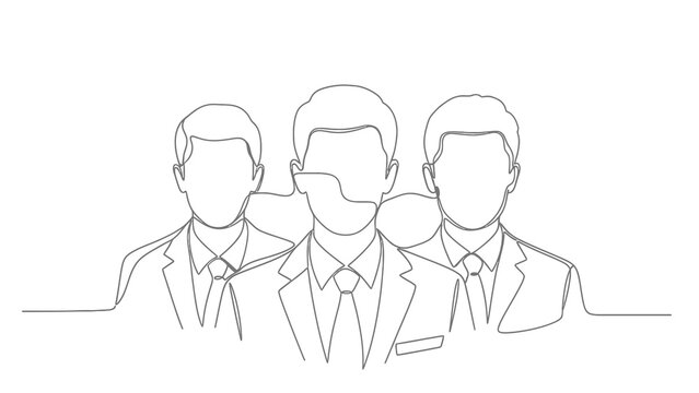 Three businessmen in suits drawn in continuous line art style