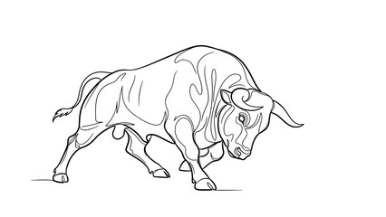 Black and white line drawing of a bull with aggressive posture and sharp horns