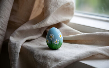 Happy easter sunday decorative egg on windowsill with soft fabric