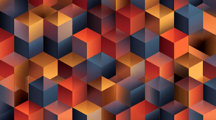 Fototapeta premium Abstract 3D isometric geometric pattern background with interlocking cubes in shades of dark blue and warm copper orange, creating a modern architectural and technological aesthetic