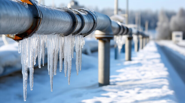 Close-up view of frozen water pipes with icicles forming, cold impact on environment, winter conditions, infrastructure freeze, with copy space