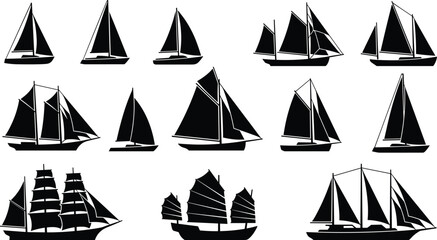 Sailboat and sailing ship silhouettes, vector maritime illustration for nautical design, ocean travel, sea adventure, marine history, and boat collection content © MstRuna
