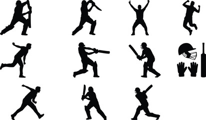 Cricket player silhouettes in dynamic action, vector sports illustration with gear icons, perfect for game design, training, competition, and athletic branding