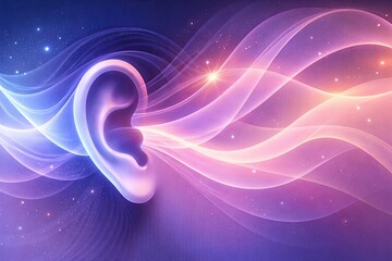 Abstract ear illustration representing auditory perception with flowing waves of sound waves and vibrant cosmic energy creating a dynamic sensory experience