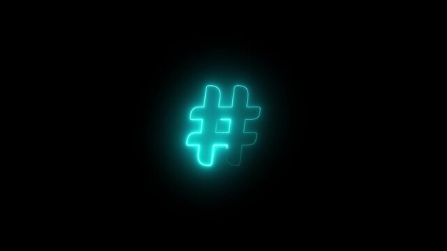Glowing neon hashtag symbol animation isolated on black background
