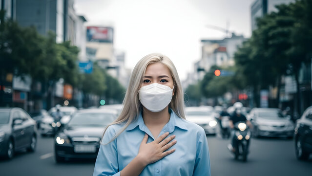 Young Asian woman wearing a protective face mask stands confidently in a bustling city street, symbolizing urban health awareness and personal safety amidst pollution - Powered by Adobe