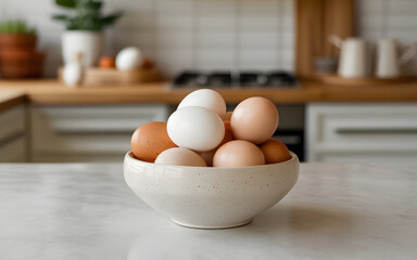 Happy easter sunday celebration with fresh eggs in a bowl on kitchen counter