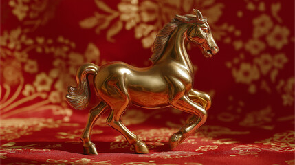 Luxury Golden Horse Statue on Red Background, Symbol of Power, Wealth and Success, Chinese New Year and Prosperity Concept