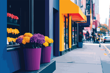 A vibrant flower shop displays colorful blooms in purple pots, with a bright yellow awning, capturing a charming street scene in a bustling urban environment on a sunny day.