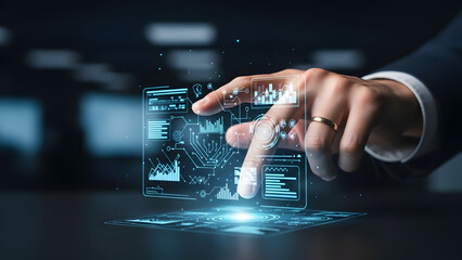 Professional interacting with a cutting-edge holographic digital interface, visualizing complex data and information for strategic business analytics and future technological advancements