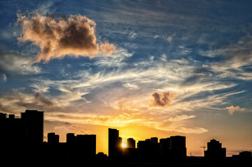 Urban Sunset Overhead Dark Buildings.