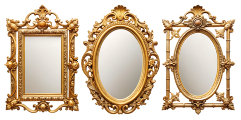 Three Ornate Gold Mirrors on white background isolated on a transparent background antique vintage