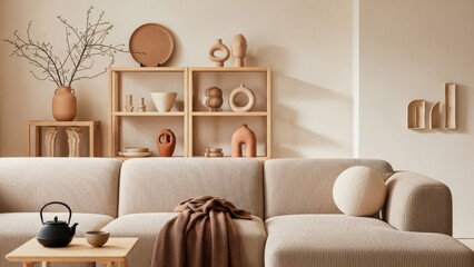 Warm and inviting minimalist living room with a striped modular sofa and decorative accents