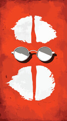 An artistic representation features a pair of round eyeglasses positioned above a stylized, abstract design with bold white brushstrokes against a vibrant red backdrop, evoking creativity.