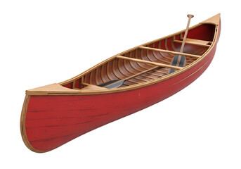 Vibrant red canoe with wooden interior on black background