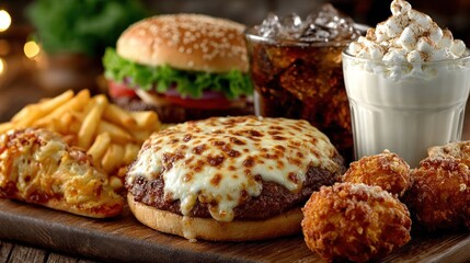 Collection of unhealthy high-carb fast food items