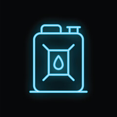 Bright blue neon sign showing a jerrycan with a drop inside on black background