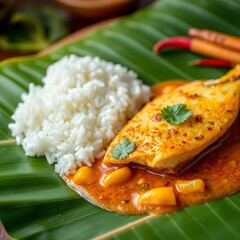 Authentic Kerala fish curry with tapioca and spices served on a banana leaf,  banana leaf,  fish curry