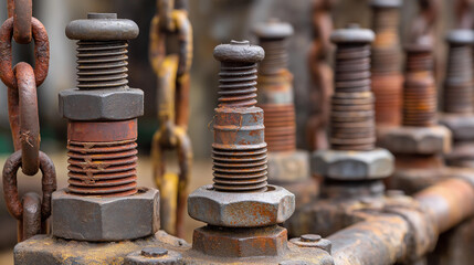 Intricate arrangement of rusty oil rig pipes, industrial setting, petroleum extraction equipment, weathered metal, drilling infrastructure, energy production, with copy space