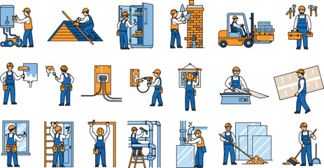Collection of construction workers and home maintenance professionals performing repairs plumbing electrical work and renovation building services.