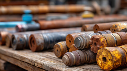 Intricate arrangement of rusty oil rig pipes, industrial setting, petroleum extraction equipment, weathered metal, drilling infrastructure, energy production, with copy space