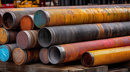 Intricate arrangement of rusty oil rig pipes, industrial setting, petroleum extraction equipment, weathered metal, drilling infrastructure, energy production, with copy space