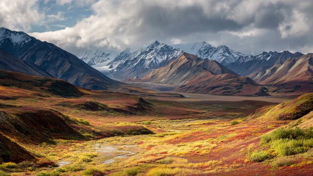 Ultra HD Stunning autumn tundra landscape in denali national park with snowcapped mountains under dramatic clouds video