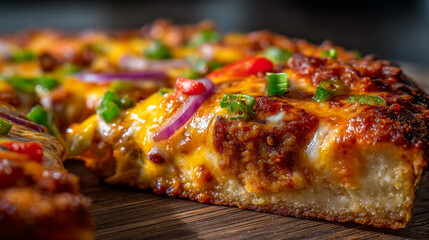 Extreme close-up of a thick crust pizza featuring melted cheddar cheese, red onions, and green chilies, focusing on the texture of the dough.