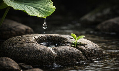 Constant dripping wears away the stone. Over time, a single drop of water creates a hollow in the stone, making room for something new &ndash; a symbol of perseverance and change. Space for text.
