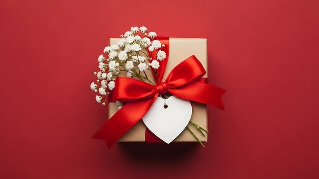 Beautiful gift box with red ribbon and white flowers on red background for valentine's day