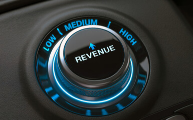 A sleek black control knob with glowing blue light set to high revenue on a dark textured background symbolizing financial growth business success and strategic planning for increased profits and econ