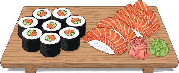 Sushi board illustration, maki rolls, salmon nigiri, pickled ginger, wasabi garnish, Japanese cuisine, food art, black line vector © Rima