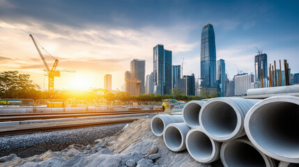 Modern urban infrastructure development, new stormwater drainage pipe construction, engineering project progress, industrial setting, urban renewal concept, with copy space