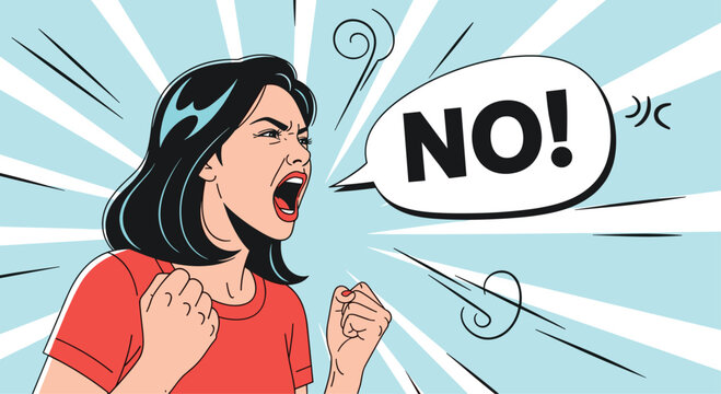 Angry woman shouting "NO!" with a speech bubble, symbolizing refusal, disagreement, and strong objection.