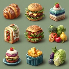 Colorful cartoon food icons (bakery, fast food, produce)