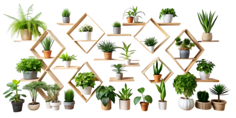 Various potted plants on wooden shelves on white background isolated on a transparent background green plants